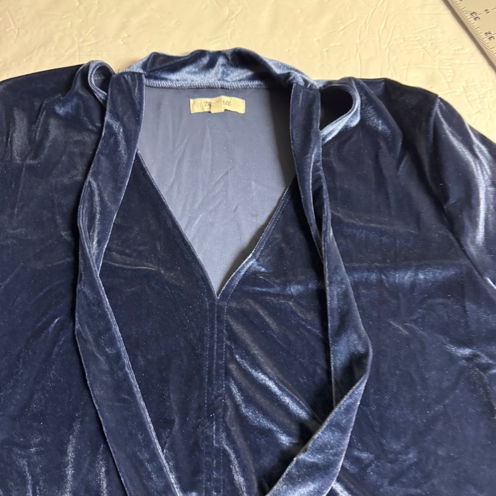 Madewell Navy Blue Velvet Tie Neck V-Neck Short Sleeve Top Blouse Large